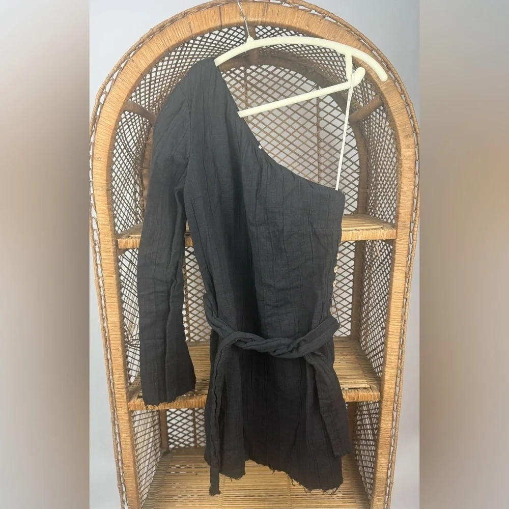 Free People One Shoulder Belted Mini Dress Black Gauze Boho Sz S EUC